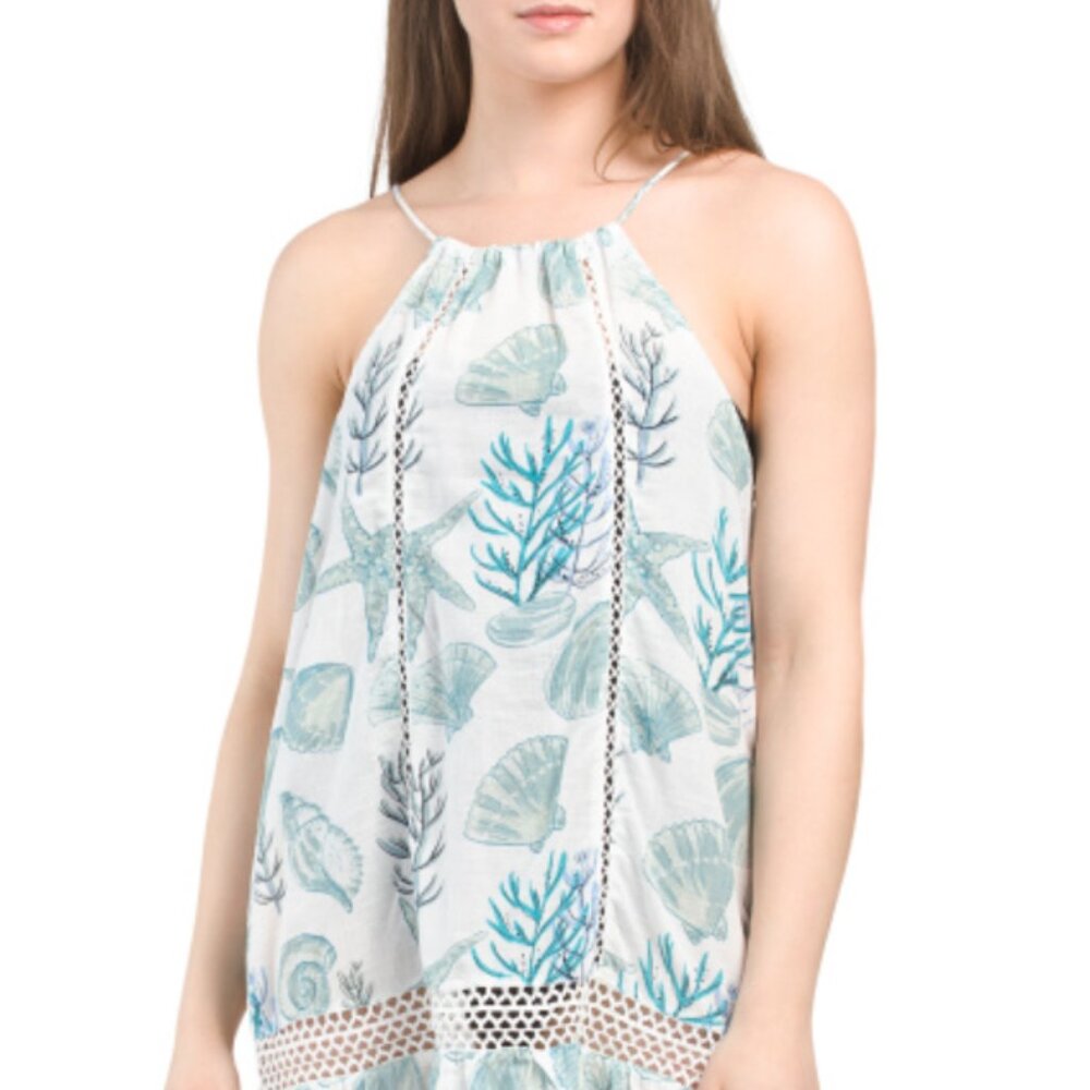 NWT BLUE ISLAND White Blue Sea shells Mini Cover-up Dress Lightweight Cotton